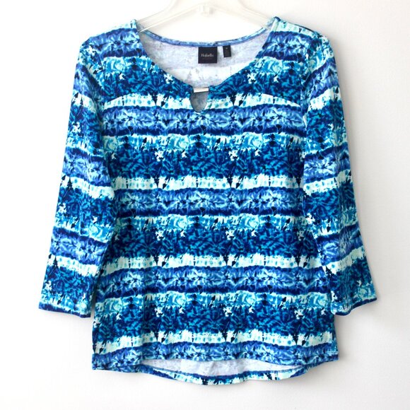 Rafaella Studio 100% Cotton Blue Tie Dye Keyhole Silver Scoop Blouse Medium - Picture 1 of 3
